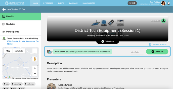 check in session page