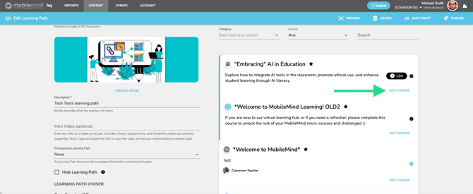 Edit Course from LP page