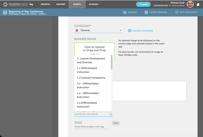Standards dropdown