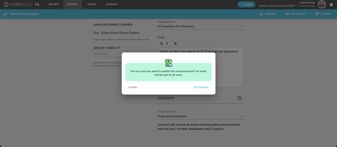 announcement email pop up